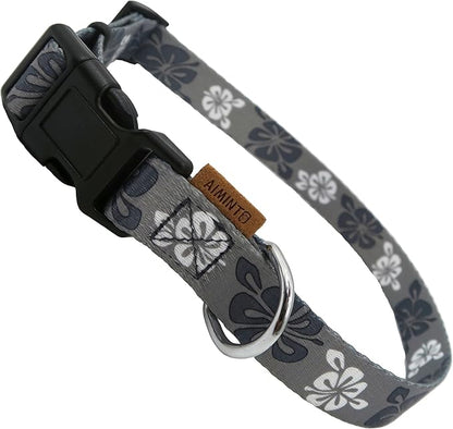 Dog Collar, Cute Floral Pattern, Soft and Adjustable Collar with Quick Release Buckle (S (Neck 11-18", Width 5/8"), Hawaiian Grey)