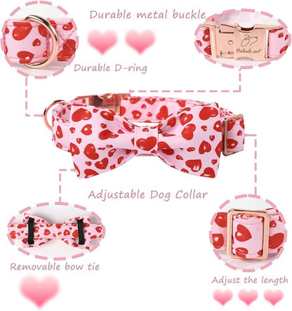 Valentines Dog Collar with Bow Tie, Cotton Pink Bowtie Dog Collar, Cute Red Heart Pet Collar with Metal Buckle Adjustable for Boys&Girls Dogs, Small