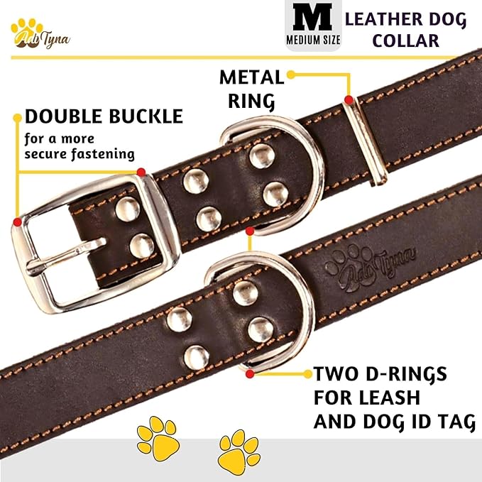 ADITYNA Heavy Duty Black Leather Dog Collar - Soft and Strong Medium Dog Collar for Walking, Training, Hiking, and Running (Medium: Fit 13" - 20" Neck, Black)