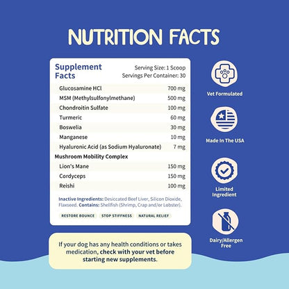 Fifth & Fido Joint Supplement for Dogs - Glucosamine for Dogs - Pet Vitamins and Supplements Powder with Chondroitin & MSM - Hip & Joint Support for Mobility, Stiffness & Flexibility - Mushroom Blend