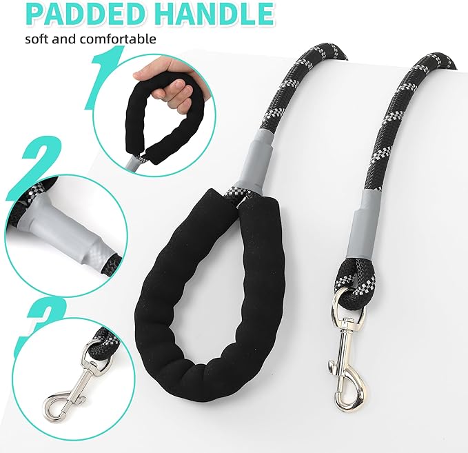 Mile High Life Reflective Dog Leash, with Comfortable Padded Handle, Black Nylon Rope Leash with Steel Tips, Heavy Duty 4 Feet Pet Leashes (Black,72 Inches)