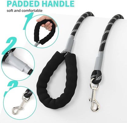 Mile High Life Reflective Dog Leash, with Comfortable Padded Handle, Black Nylon Rope Leash with Steel Tips, Heavy Duty 4 Feet Pet Leashes (Black,72 Inches)