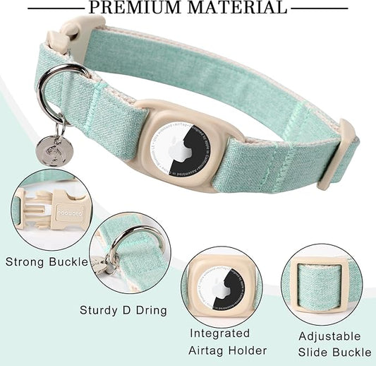 DOGWONG Airtag Cotton Hemp Dog Collar, Heavy-Duty Dog Collar with Airtag Holder Green Dog Collars for Small Medium Large Dogs
