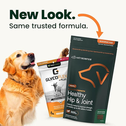 VetriScience Ultimate Strength Healthy Hip & Joint Chews, GlycoFlex Glucosamine, Chondroitin and Green-Lipped Mussel Joint Support Supplement for Dogs, Soothe Joint Discomfort, Bacon, 120 Count