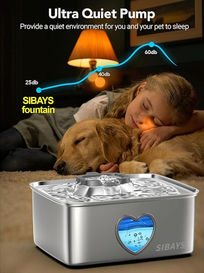 SIBAYS 15L Large Dog Water Fountain, 4 Gal Stainless Steel Pet Water Fountain for Dogs Inside, Ultra Quiet Automatic Dog Water Bowl Dispenser with Water Level Window & LED Light, Easy to Clean FS80