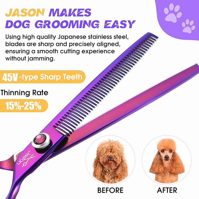 JASON Dog Scissors for Grooming - 7.5" Thinning Scissors for Dog Grooming, Japanese 440C Stainless Steel Blender Shears with Diamond Adjustable Screw (45 Teeth, Purple) Christmas Gift