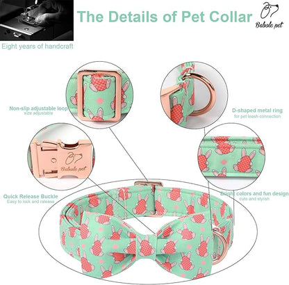 Easter Dog Collar With Bow Tie - Bunny Egg Pattern Bowtie Adjustable Heavy Duty Spring Collar for Small Medium Large Dogs XS