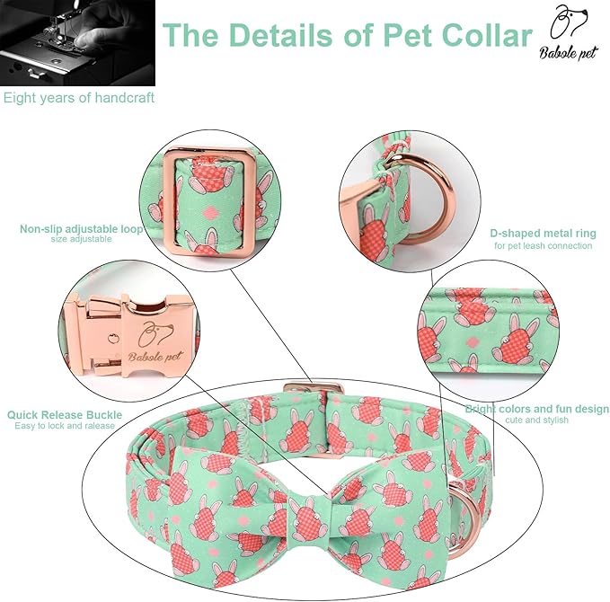 Dog Collar with Easter Bunny Egg Pattern Bow Tie - Adjustable Heavy Duty Spring Bowtie Collar for Small Medium Large Dogs S