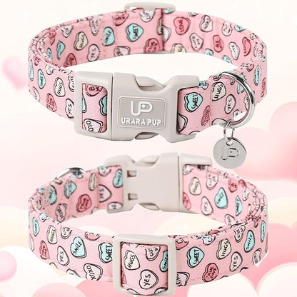 UP URARA PUP Valentine’s Day Dog Collar, Pink Heart Dog Collar with Quick Release, Valentine’s Day Gift Pet Girl Boy Dog Collar for Puppy Small Medium Dogs, Wedding Dog Collar