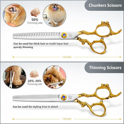 Dog Grooming Scissors,Thinning Shear Chunkers Shears and Curved scissors with Safety Round Tips,Sharp 3 in 1 Dog Scissors for Grooming