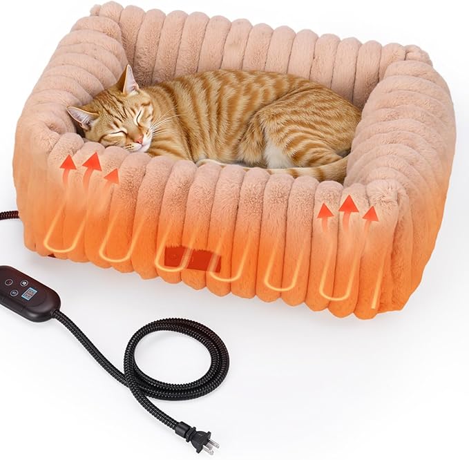 PETEMPO Heated Cat Bed Indoor, Pet Bed with 6 Temperature & 5 Timer Settings, Fluffy Cat Couch with Removable Machine-Washable Cover for Dogs Kitten Puppy in Winter, UL & FCC Certified, Small, Brown