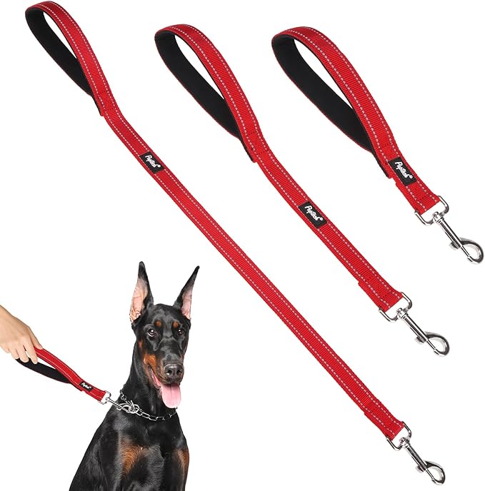 PUPTECK Reflective Short Dog Leashes - 3 Packs 2.5ft/ 1.5ft/ 1ft Nylon Leash with Strong Clip, Soft Padded Handle, Durable Training Leash for Large Small Medium Dogs Walking Outside, Red