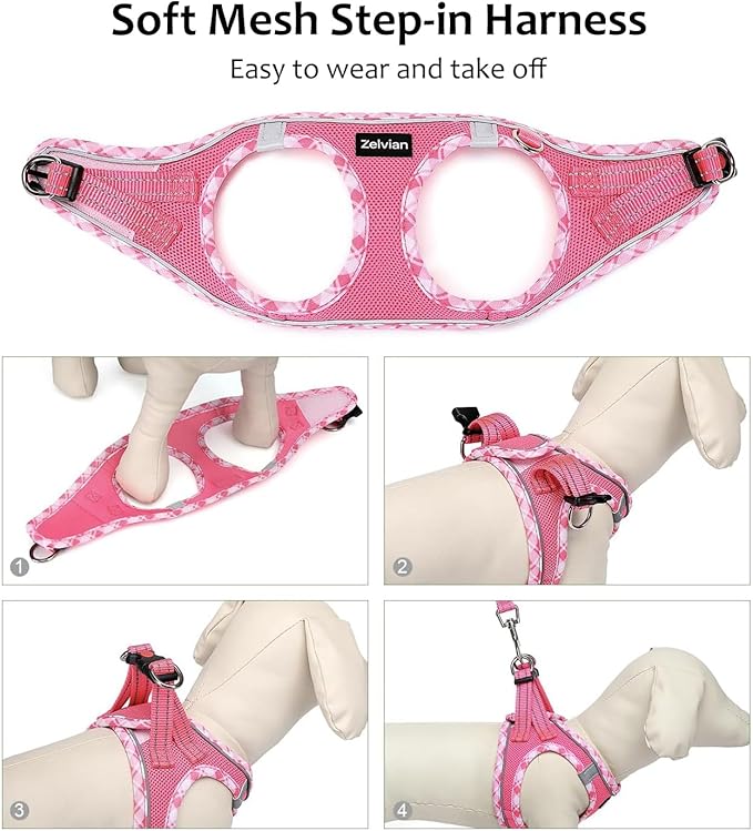 Zelvian Cat Harness and Leash Set for Walking, Escape Proof Adjustable Soft Mesh Kitten Harness with Reflective Strips, Breathable No-Choke Pet Vest for Large Cats or Small Dogs(Pink,L)