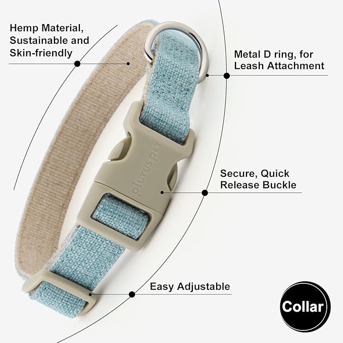 Plutus Pet Cotton Hemp Dog Collar and Leash Set, Adjustable Collar for Small, Medium, and Large Dogs, Heavy Duty and Soft on Skin, Light Blue, M
