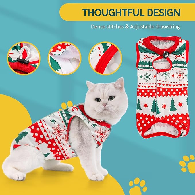 Avont Cat Recovery Suit - Kitten Onesie for Cats After Surgery, Cone of Shame Alternative Surgical Spay Suit for Female Cat, Post-Surgery or Skin Diseases Protection -Christmas(L)