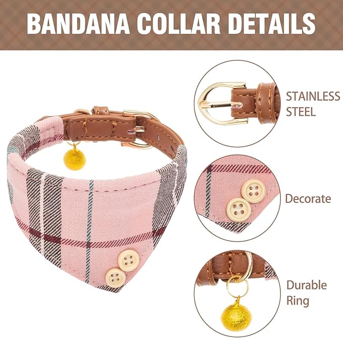 KOOLTAIL Pink Girl Dog Collar and Leash Set for Small Dogs with Bowtie and Bells - Cute Puppy Bandana Collar and Leash with Classic Plaid Pattern, Soft Leather Tangle Free Leashes for Small Dogs, XS