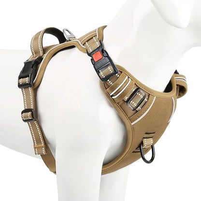 Timos Dog Harness Medium Sized, No Pull Pet Harness with Neck Lockable Snap,No Choke Front Clip Dog Reflective Vest,Adjustable Metal Rings 3 Buckles,Easy Control Handle for Medium Dogs Khaki M