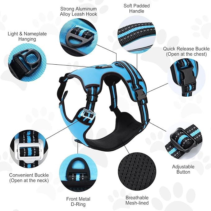 No Pull Dog Harness with 3 Snap Buckles,No Choke Front Lead pet Harness Reflective and Adjustable Soft Padded Vest for Small Medium Large Dog (Blue, Small)