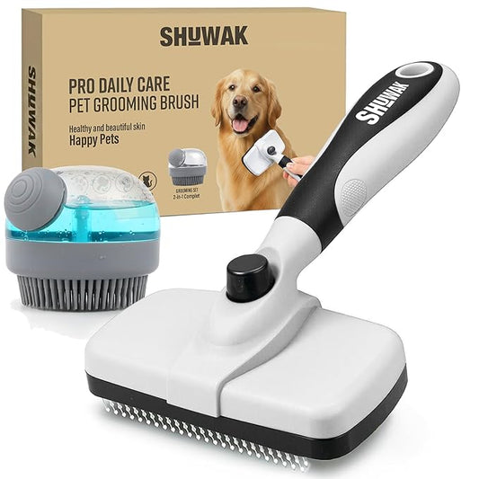 Grooming Duo, 2-in-1 Pet Brush Set with Retractable Self-Cleaning Brush and Silicone Bath Brush for Dogs and Cats (WHITE)
