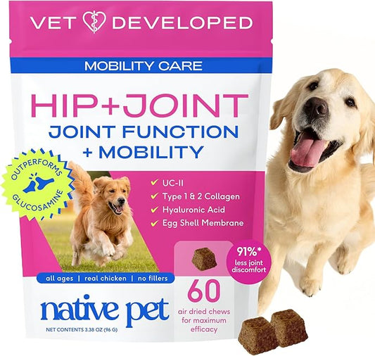 Native Pet Hip & Joint Supplement for Dogs - Advanced Dog Joint & Arthritis Supplement - Helps Maintain Healthy Cartilage, Joint Flexibility, Lubrication, & Function - with ESM & Collagen - 60 Chews
