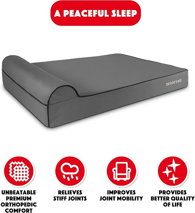 The Dog’s Bed Orthopedic Headrest Dog Bed XXL Grey/Black, Memory Foam, Pain Relief for Arthritis, Hip & Elbow Dysplasia, Post Surgery, Lameness, Waterproof Washable Cover, Veterinary Approved