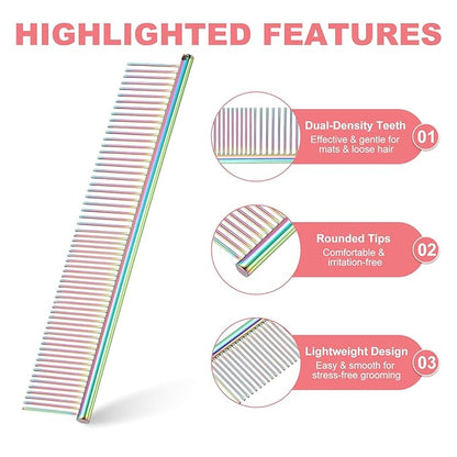 PETAXCELL Dog Cat Comb, Pet Combs Stainless Steel Teeth with Rounded Ends for Knots Mats Loose Hair Removal, 7.5IN (Colorful Plated, 3 Pack), Grooming Tool Intended for Long Curly Hair Pet