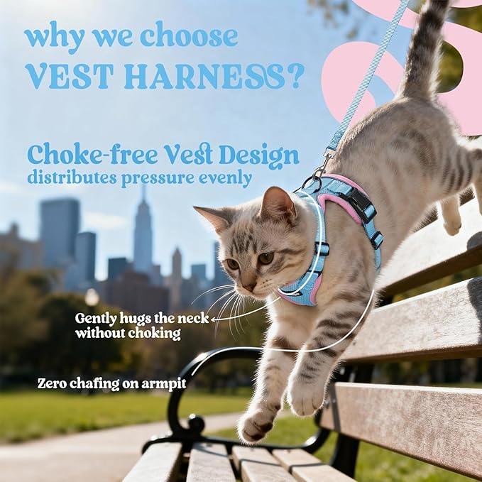 rabbitgoo Cat Harness and Leash for Walking, Escape Proof Soft Adjustable Vest Harnesses for Cats, Easy Control Breathable Reflective Strips Jacket, Light Blue&Pink, M