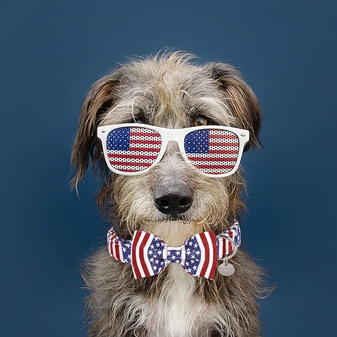 UP URARA PUP Dog Collar with Bow Tie, 4th of July Comfortable Cotton Dog Collar, American Flag Collar for X-Large Girl Boy Dog, Patriotic Bowtie Collar with Metal Buckle, XL