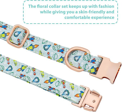 Dog Collar and Leash Set Adjustable Girls Puppy Floral Collars with Bow Tie for Small Medium Large Dogs(S, Rocket)