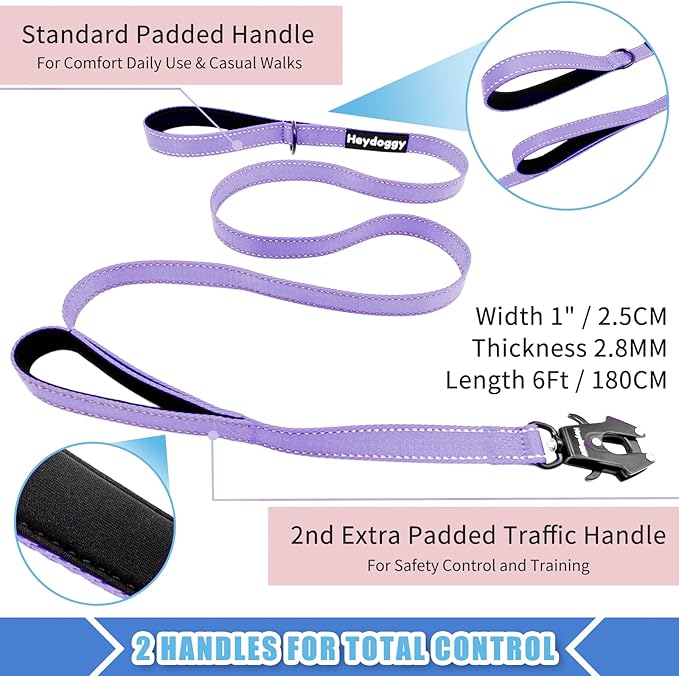 Strong Heavy Duty Dog Leash - 6ft Reflective Nylon Training Leash with Soft Padded Double Handle & Auto Lock Frog Clip, Safety Traffic Control for Large Medium Small Dogs No Pull Walk Light Purple,6ft