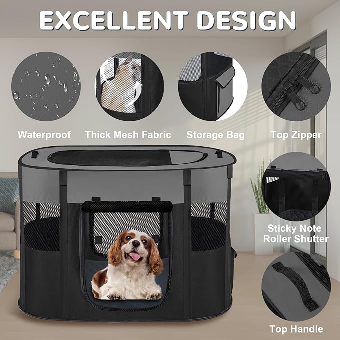 Pet Dog Cat Playpen with Waterproof Pad,Portable Puppy Kitten Rabbit Crate and Other Small Animals Kennel Cage Tent for Indoor Outdoor Travel Camping,Water-Resistant Breathable Shade Cover (Grey S)