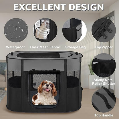 Portable Dog Cat Playpen with Waterproof Pad,Collapsible Pet Puppy Kitten Crate,Foldable Small Animals Kennel Cage for Indoor Outdoor Travel Camping,Water-Resistant Breathable Shade Cover (Grey M)
