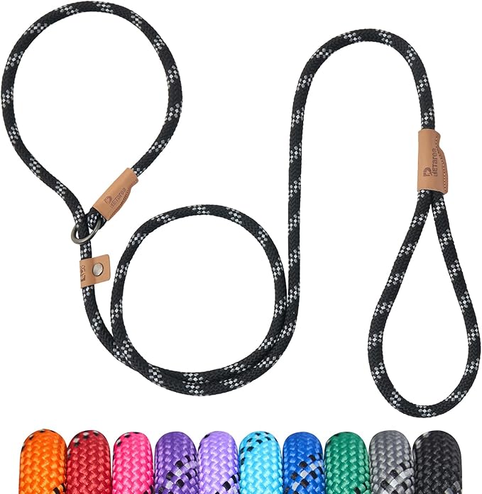 5 FT Slip Lead Dog Leash, Heavy Duty Rope Leash for Small Medium Large Dogs, No Pull Training Lead with Reflective Thread, Strong Comfortable Loop Leash (Black Stripe, Medium(3/8"))