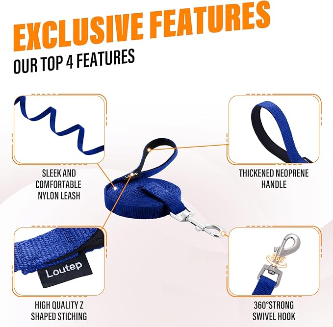 Dog Training Leash - Long Line for Recall & Obedience, Nylon Training Lead with Padded Handle, 15 ft / 20 ft / 30 ft / 50 ft / 100 ft - Long Leash for Dogs Outside, Small/Medium/Large
