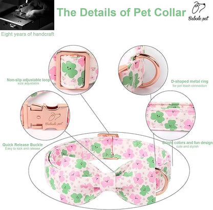St Patricks Day Dog Collar with Bow Tie - Cotton Pink Green Clover Bowtie Dog Collar Adjustable Heavy Duty Holiday Dog Collars for Small Medium Large Dogs XS
