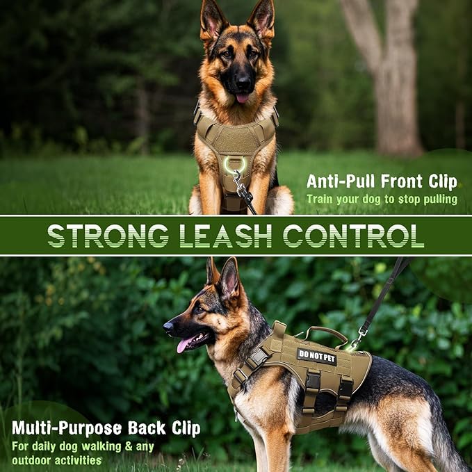 WINSEE Mesh Dog Harness with 10 Pet Patches for Large Service Dog in Training, Breathable Tactical Molle Vest with Double Handle, Reflective Military Pet Vest for Walking Hiking