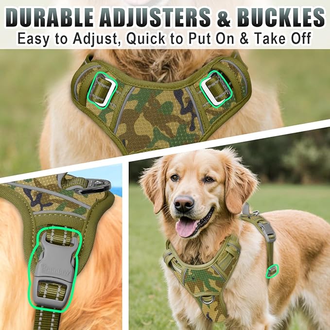 BARKBAY No Pull Dog Harness Large Reflective Dog Harness with Front Clip and Easy Control Handle for Walking Training Running with ID tag Pocket(Camo,L)