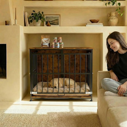 31.5" Dog Crate Furniture with Flip Door, Wooden Dog Kennel Indoor, Heavy Duty Pet Cage for Small Medium Dogs, Double Door Pet House End Table, Rustic Brown