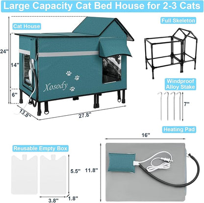 Xosody Heated Cat House for Outside Cats- 100% Weatherproof Insulated Outdoor Cat House with Heating Pad, Elevated Base & Safe Escape Door, Warm Kitty Shelter for Feral or Stray Cats in Winter
