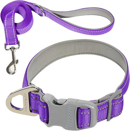 Dog Collar for Medium Small Large Dogs Reflective with Leash,Collar and Leash for Dogs,Soft Neoprene Padded 2 Pack(Purple,M)