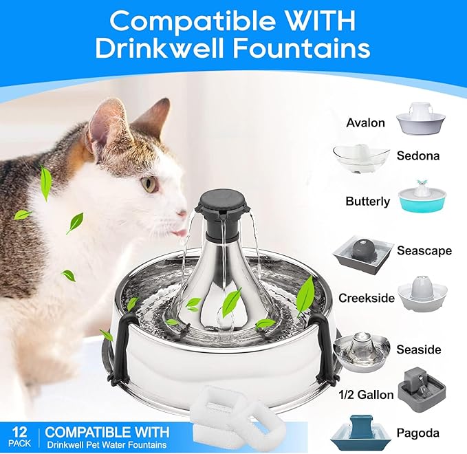 MyfatBOSS Cat Water Fountain Filter Compatible with Petsafe Water Fountain, for Drinkwell Pet Fountain Filters, Replacement Foam Filters for 360 Pet Fountain Seaside Pagoda 1/2 Gallon Fountains 8PCS