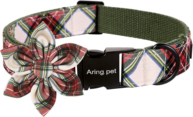 ARING PET Christmas Dog Collar, Cute Xmas Red Green Plaid Detachable Flower Pet Collar with Metal Buckle for Puppy Small Medium Large Boy Girl Dog-M