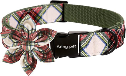 ARING PET Christmas Dog Collar, Cute Xmas Red Green Plaid Detachable Flower Pet Collar with Metal Buckle for Puppy Small Medium Large Boy Girl Dog-L