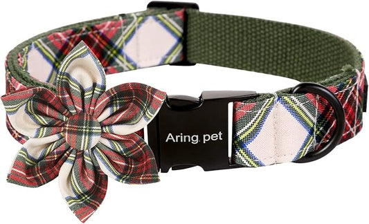 ARING PET Christmas Dog Collar, Cute Xmas Red Green Plaid Detachable Flower Pet Collar with Metal Buckle for Puppy Small Medium Large Boy Girl Dog-S