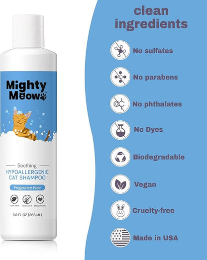 Mighty Meow Soothing Hypoallergenic Cat Shampoo – Easy at-Home Cat Grooming | Deodorizes | Gentle & Anti-Itch | Natural & Allergy-Safe Cat Shampoo Sensitive Skin – Fragrance Free | 9 fl oz