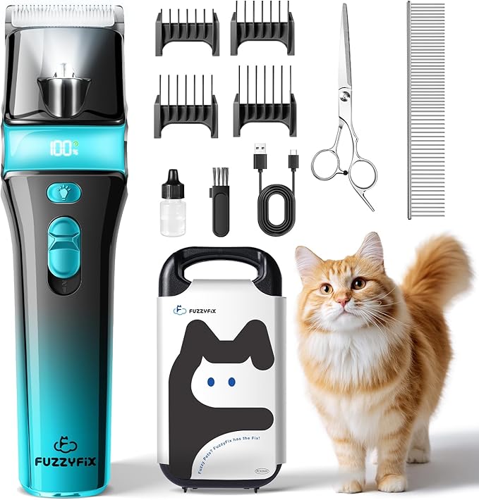 FuzzyFix Cat Clippers for Grooming with 5-in-1 Blade, Cat Grooming Kit Cordless Rechargeable Hair Trimmer Detachable Stainless Steel Blade Pet Shaver for Small Kitty Paw Face Head Body