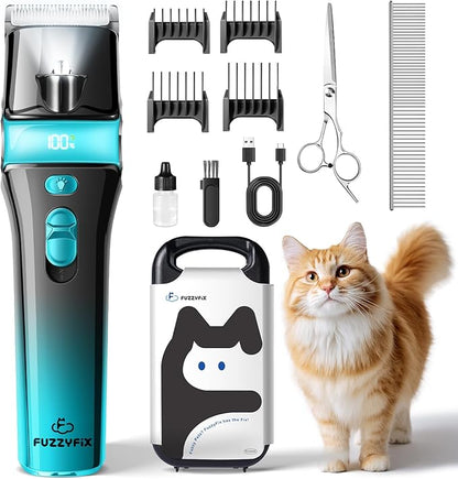 FuzzyFix Cat Clippers for Grooming with 5-in-1 Blade, Cat Grooming Kit Cordless Rechargeable Hair Trimmer Detachable Stainless Steel Blade Pet Shaver for Small Kitty Paw Face Head Body