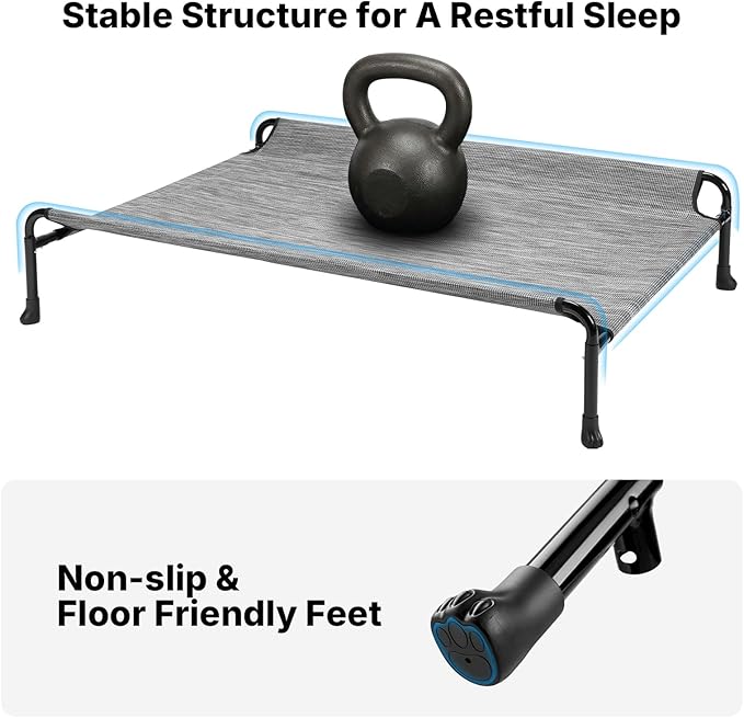Veehoo Outdoor Elevated Dog Bed, Extra Large Raised Dog Bed with Headrest Sides, Washable Cooling Dog Cot with Non-Skid Feet, Breathable Mesh, Pet Hammock for Indoor or Camping, 47", Black Silver