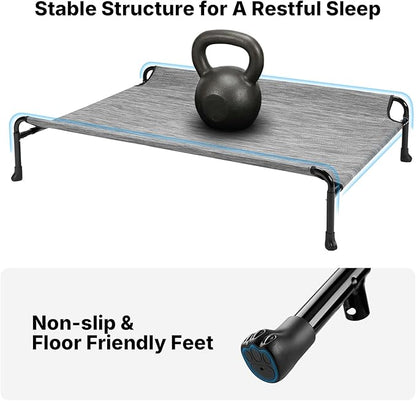 Veehoo Outdoor Elevated Dog Bed, Extra Large Raised Dog Bed with Headrest Sides, Washable Cooling Dog Cot with Non-Skid Feet, Breathable Mesh, Pet Hammock for Indoor or Camping, 47", Black Silver