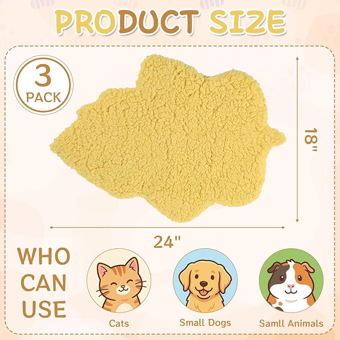 BrightRow 3 Pack Self Warming Pet Bed Leaf Shape Self Heating Cat Dog Mat Washable Thermal Sleeping Pad for Indoor Outdoor Hedgehog, Bunny, Sugar Glider, Rat, Chinchilla(Light Yellow,Medium-18 x24)